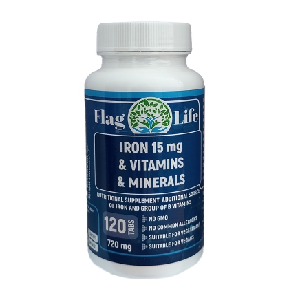 IRON 15mg +VITAMINS & MINERALS▐ Желязо 15 мг + Витамини + Минерали, Flag Life, 720 мг, 120 таблетки